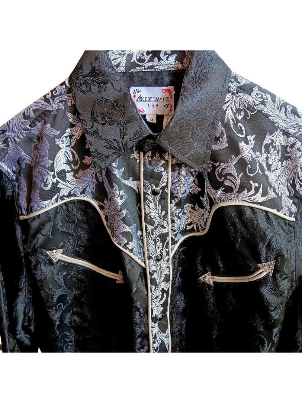 Large Cowboy Shirt Ace Of Diamond Mens Black Silver Western Floral Snap Shirt